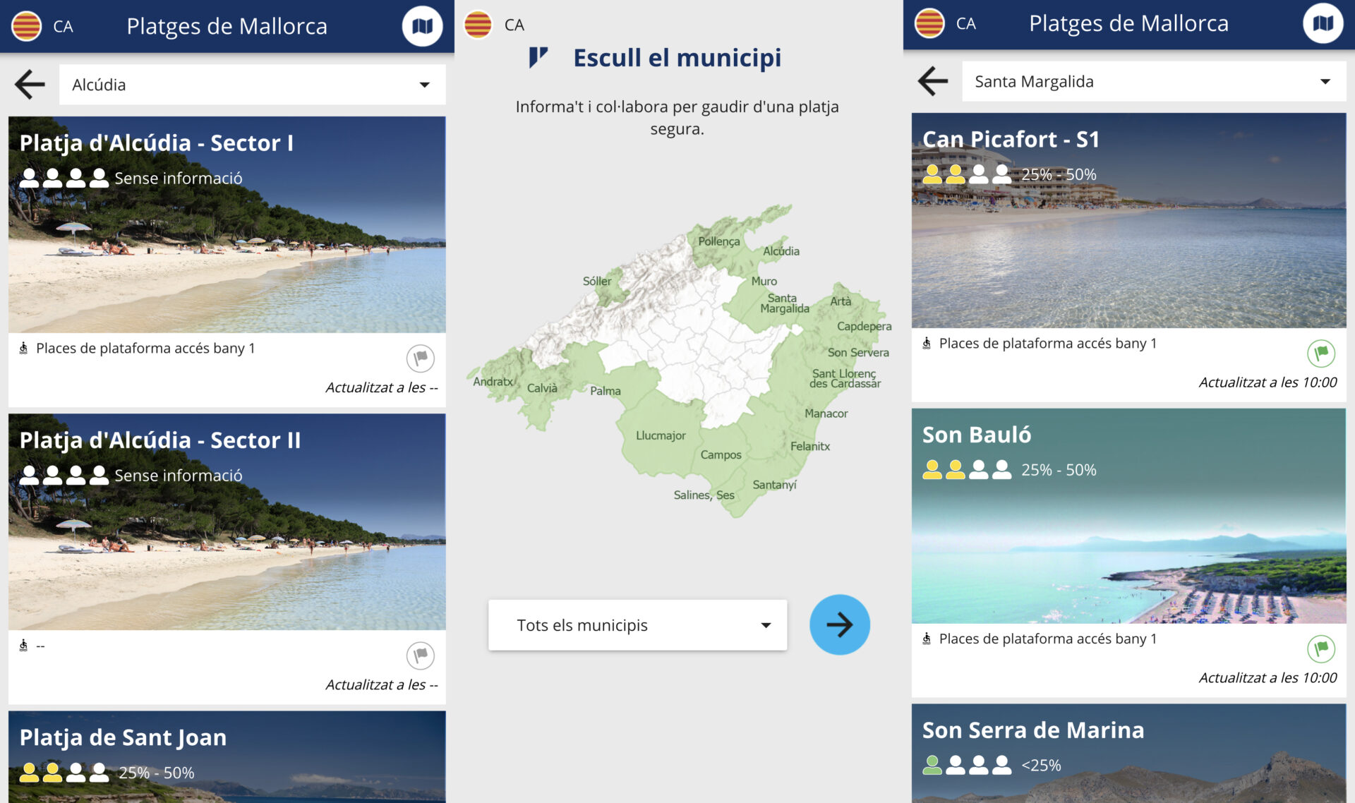 Pantalles de l'app Platges de Mallorca del Consell de Mallorca